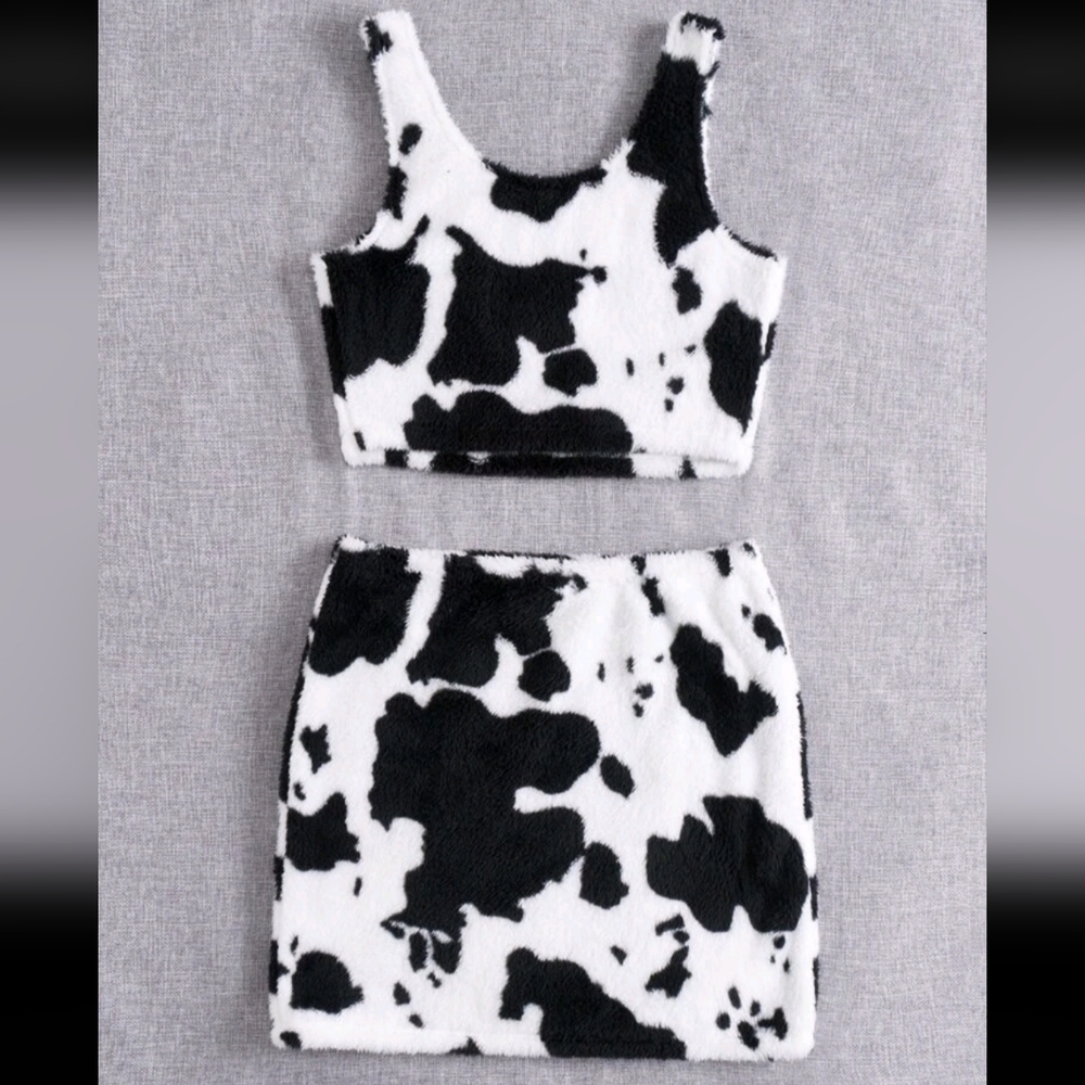 Fuzzy Cow Print 2-piece skirt set, B&W, sleeveless crop top and skirt
